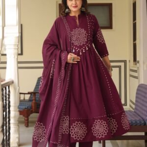 Pure Cotton Anarkali Suit Set with Dupatta & Pant