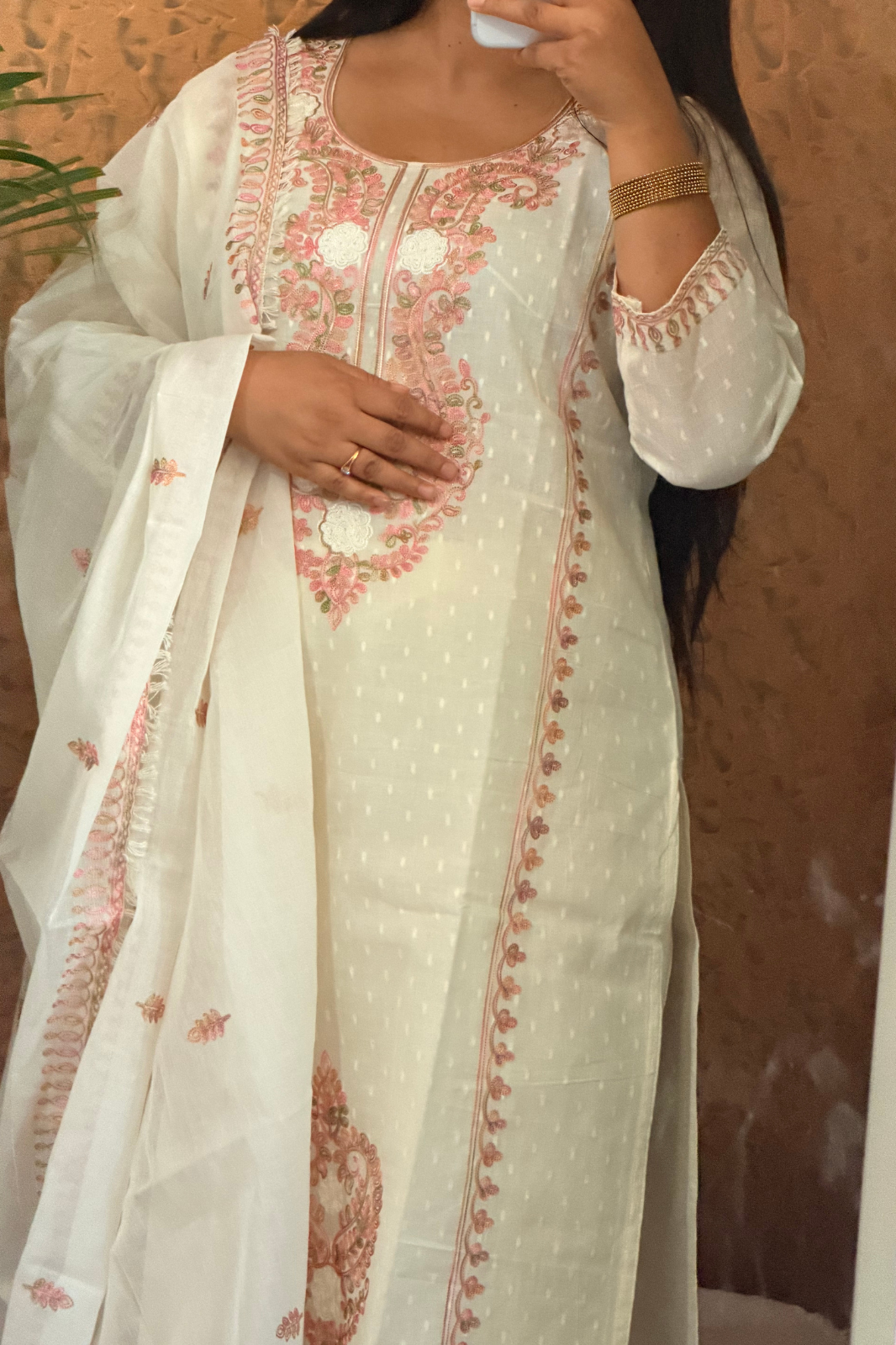 Khadi Cotton Embroidered Suit Set with Dupatta & Pant - Image 3